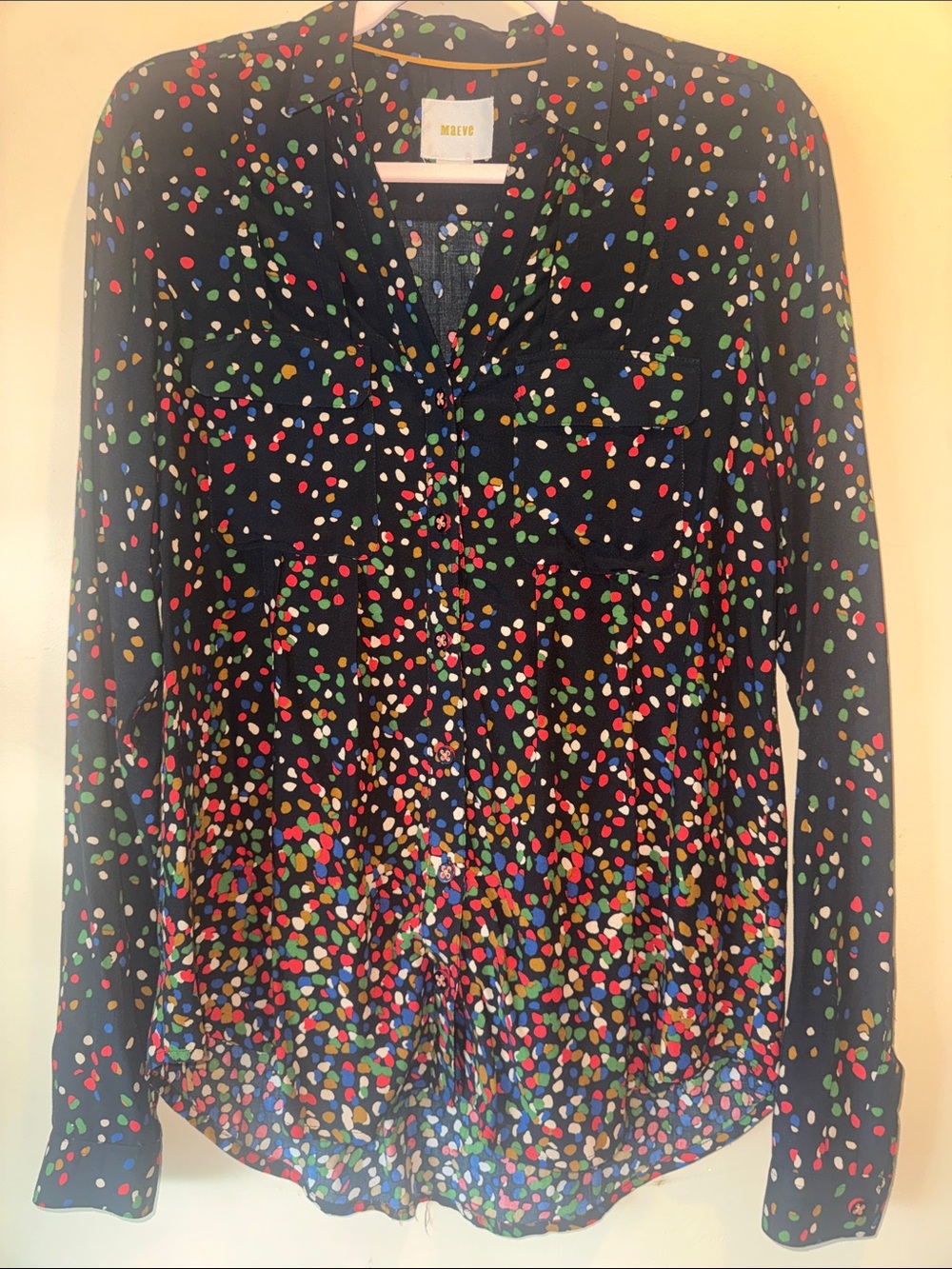 Maeve Black Button-Up Blouse with Multicolored Dot Print